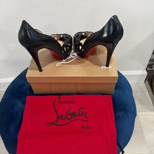 Louboutin Black 37.5, medium wear on bottom, no marks on heels, with bag & box.